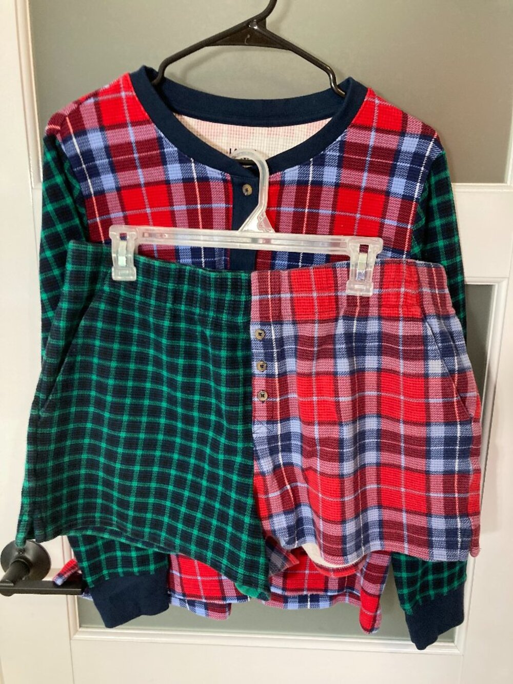 Lands' End Patchwork Plaid Waffle Knit Pajama Set Henley Top & Sleep Shorts L